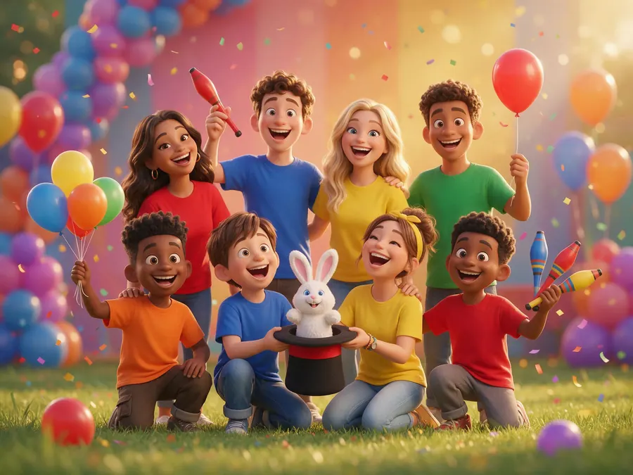 Equipo de animadores con globos, un sombrero de mago y una marioneta
