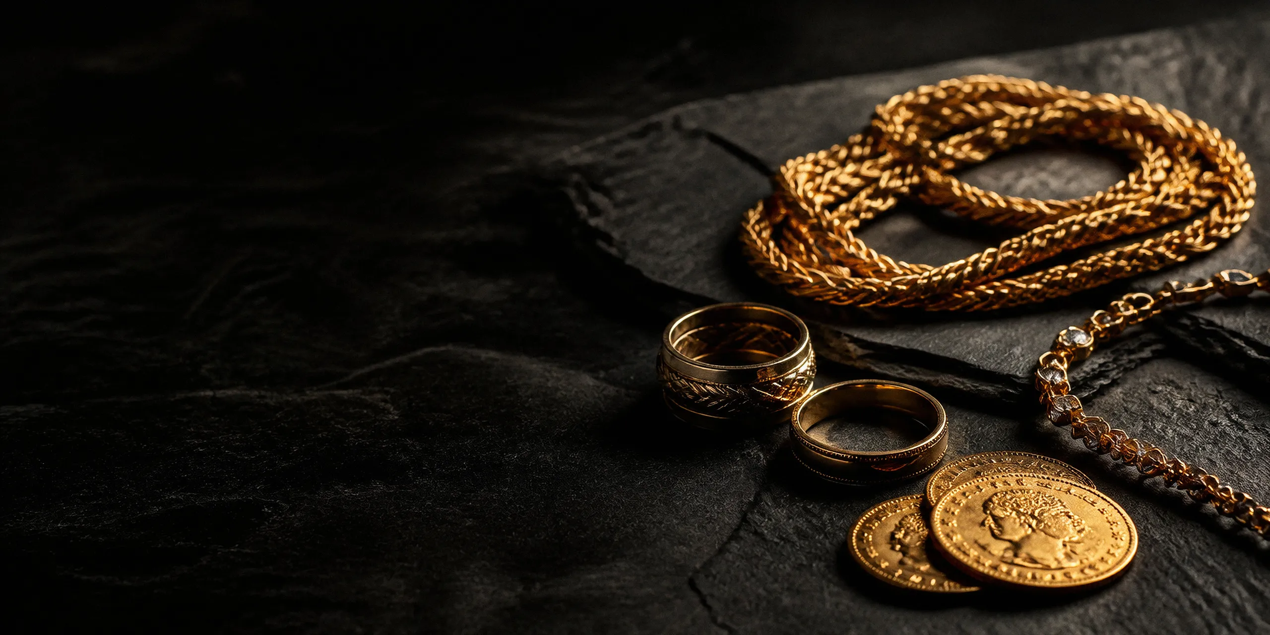 Joyas y monedas de oro sobre pizarra oscura