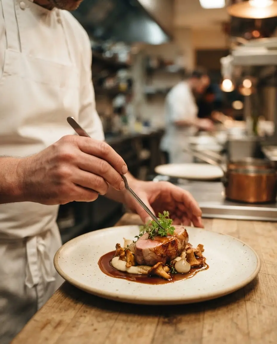 Chef emplatando lomo de conejo en una cocina profesional