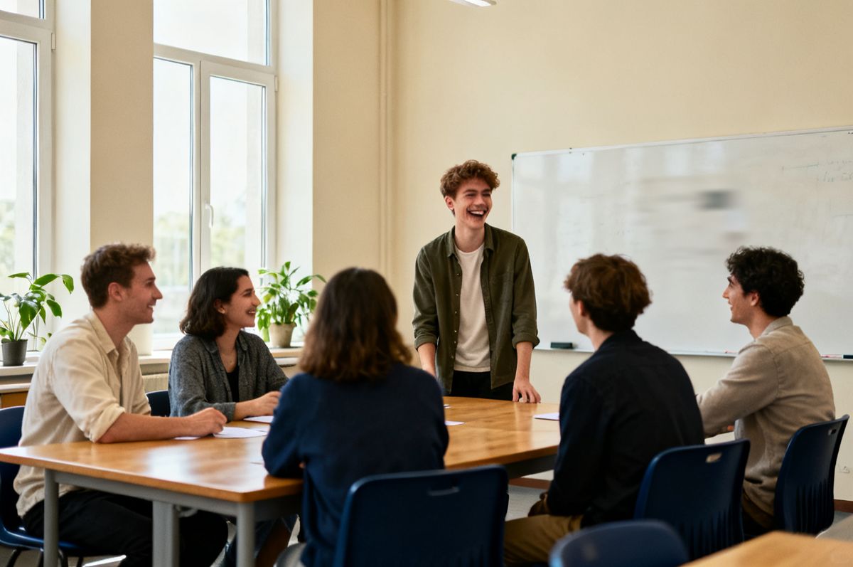 Clase de adultos hablando alrededor de una mesa