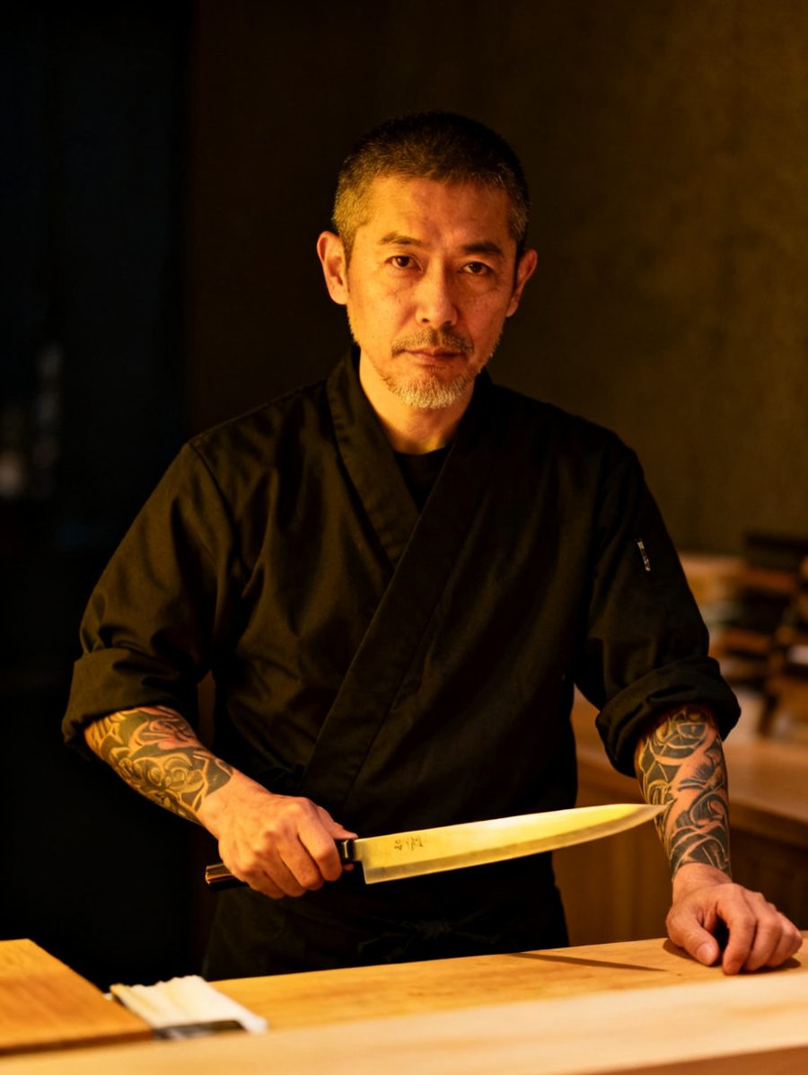 Haru, el itamae de KOI, con su cuchillo yanagiba