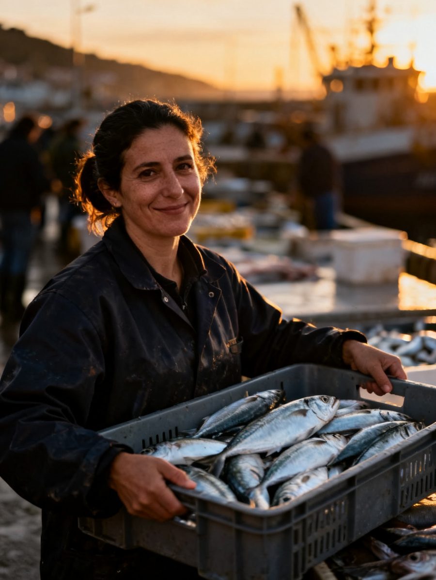 Maider, socia de KOI, en la lonja de Bermeo