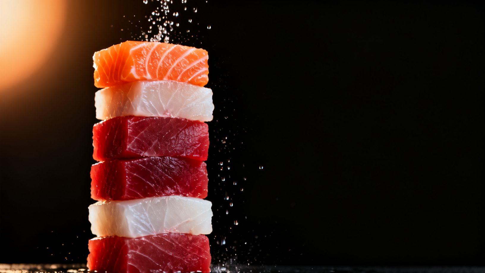 Sashimi de salmón, atún rojo y pez mantequilla apilado sobre fondo negro
