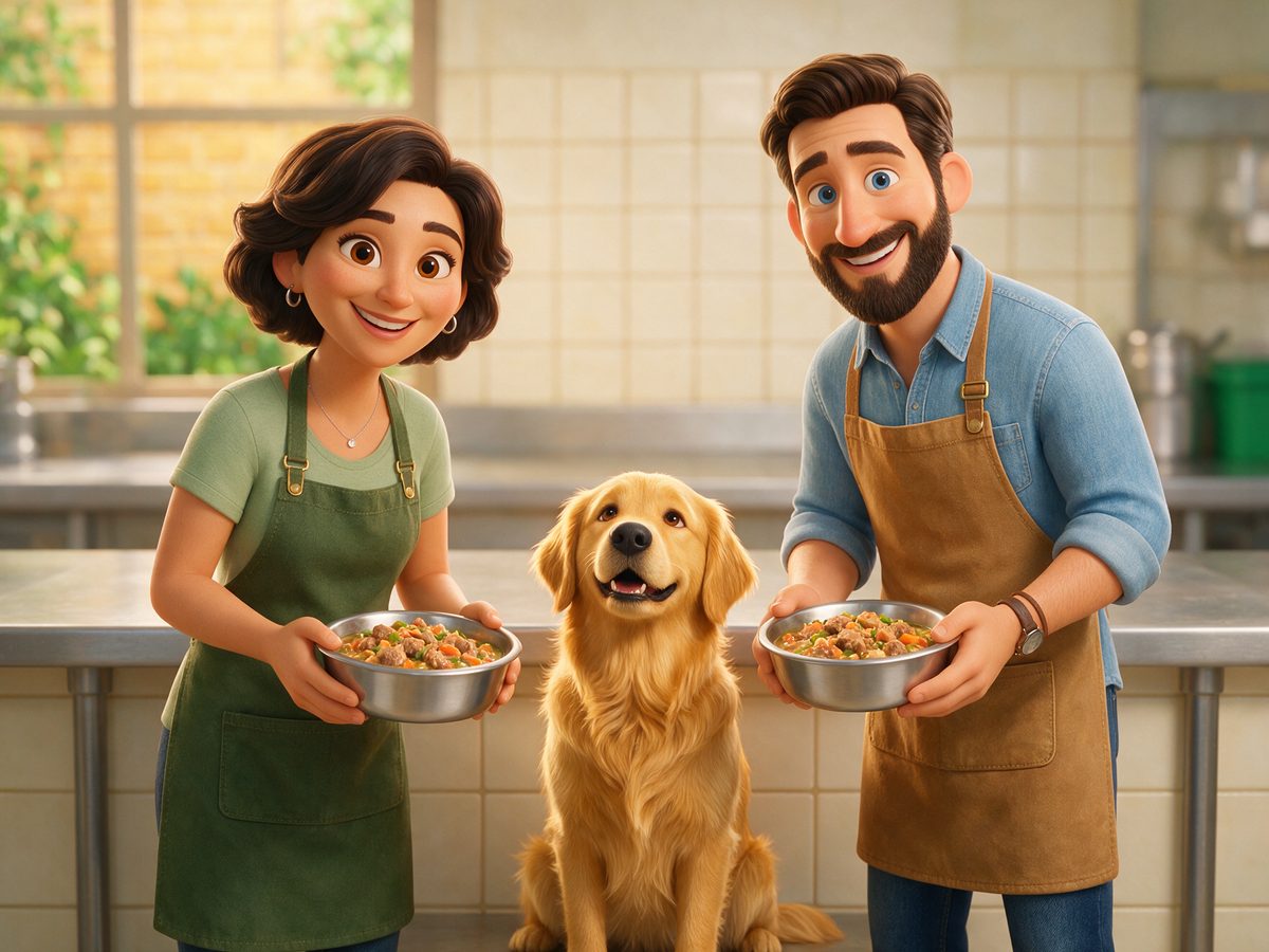 Marta y Jorge, los fundadores de MORRO, en el obrador con un golden retriever