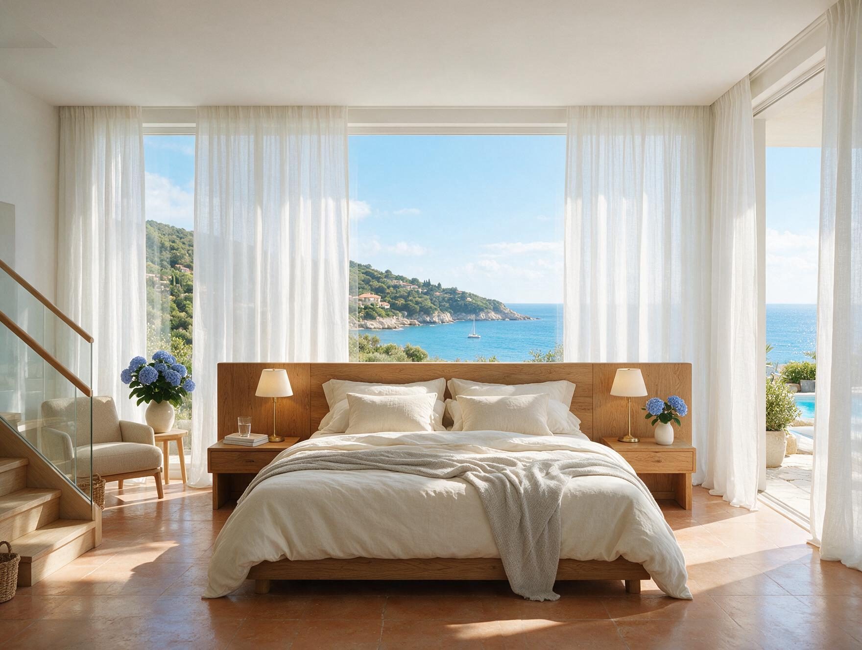 Dormitorio principal en tonos crema con luz de mar