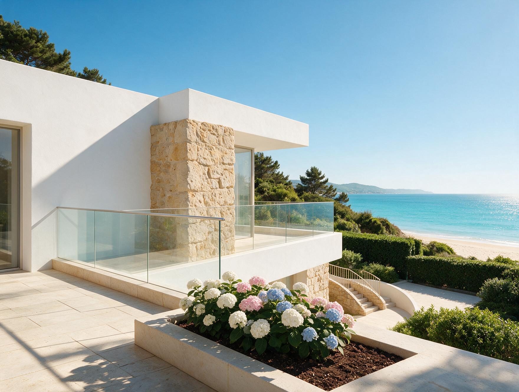 Fachada de piedra arenisca con hortensias azules