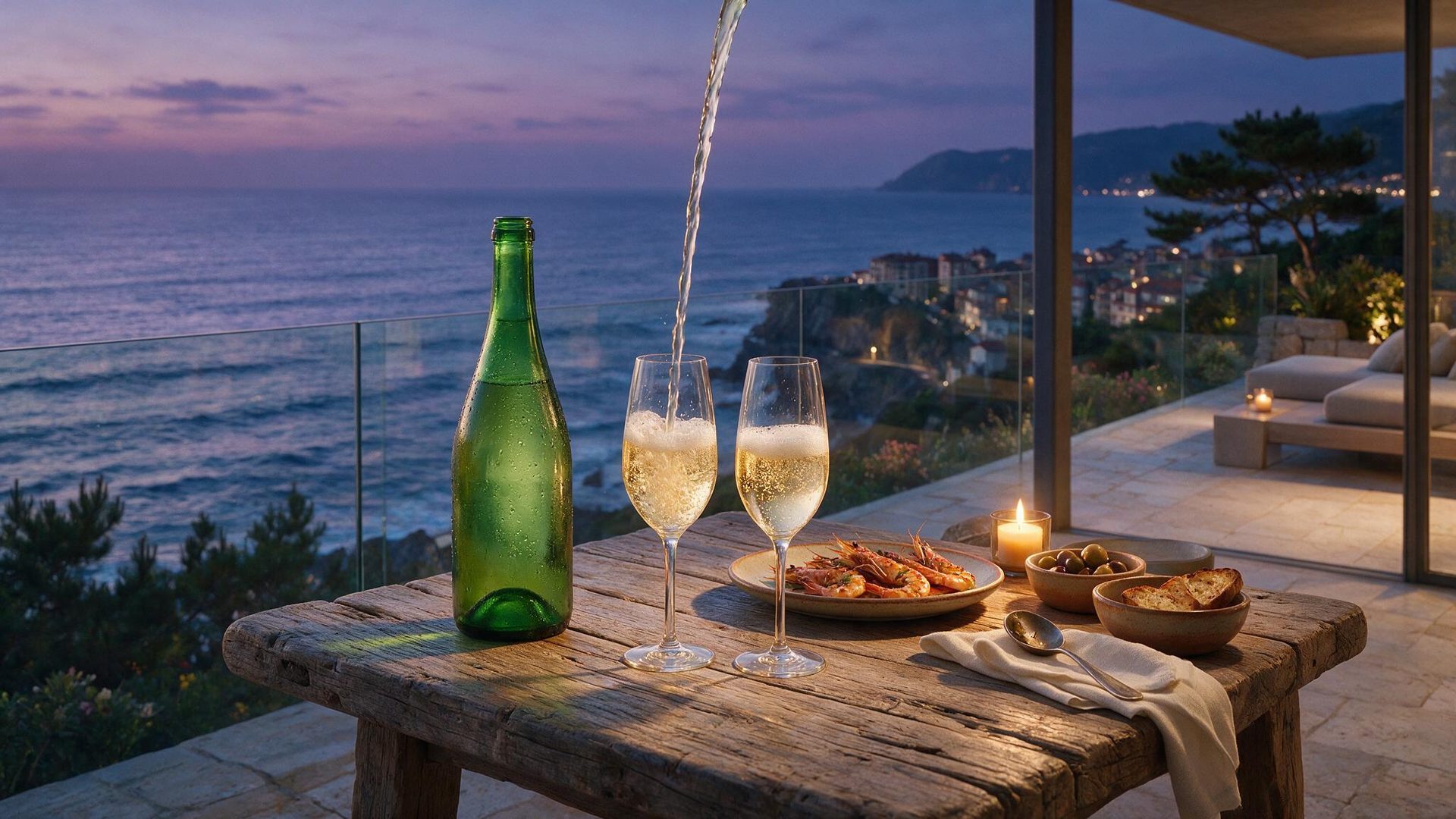 Mesa al atardecer con txakoli sirviéndose y marisco a la brasa