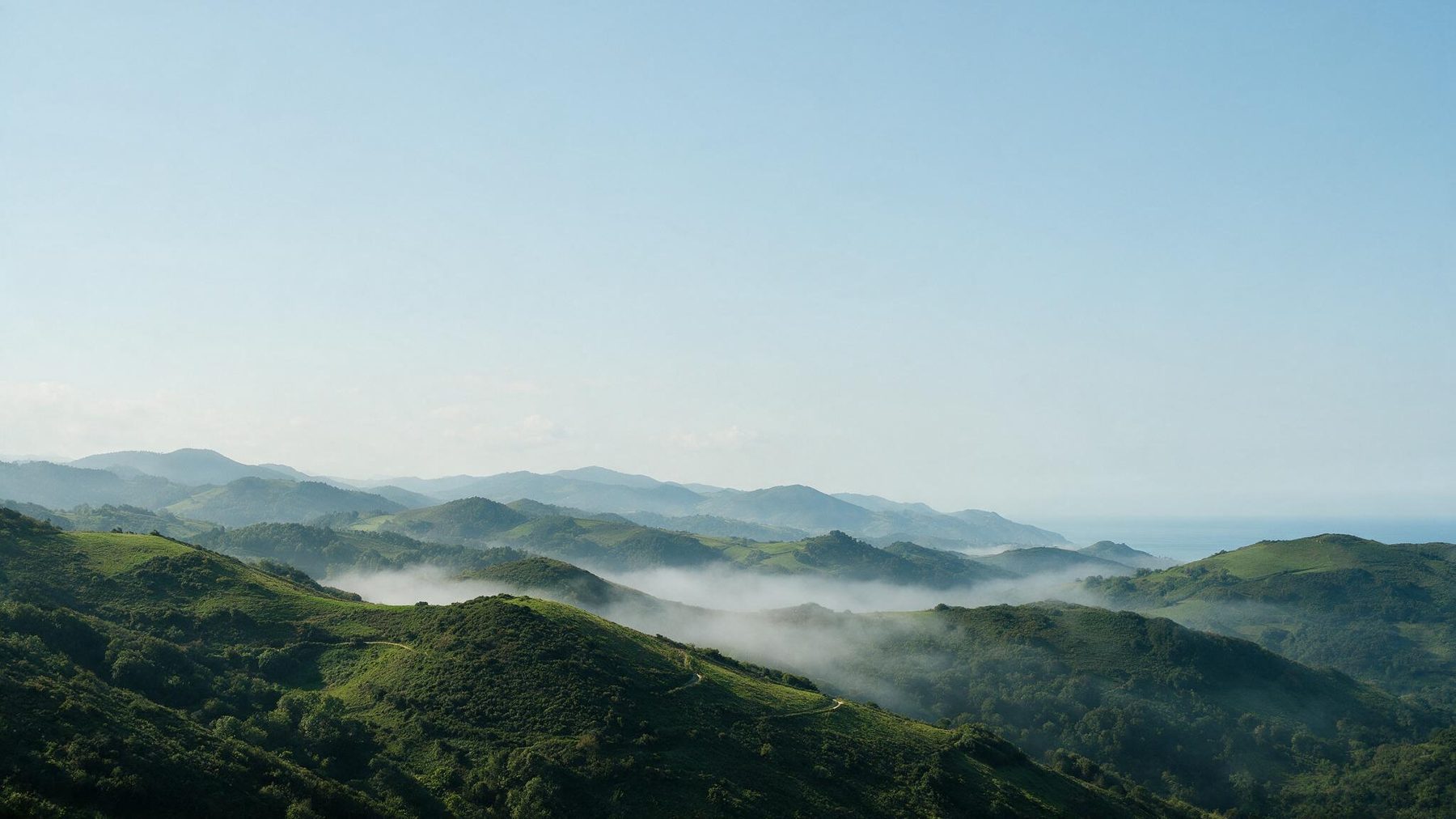 Montes verdes de Bizkaia con niebla baja en los valles y el Cantábrico al fondo, bajo un cielo abierto
