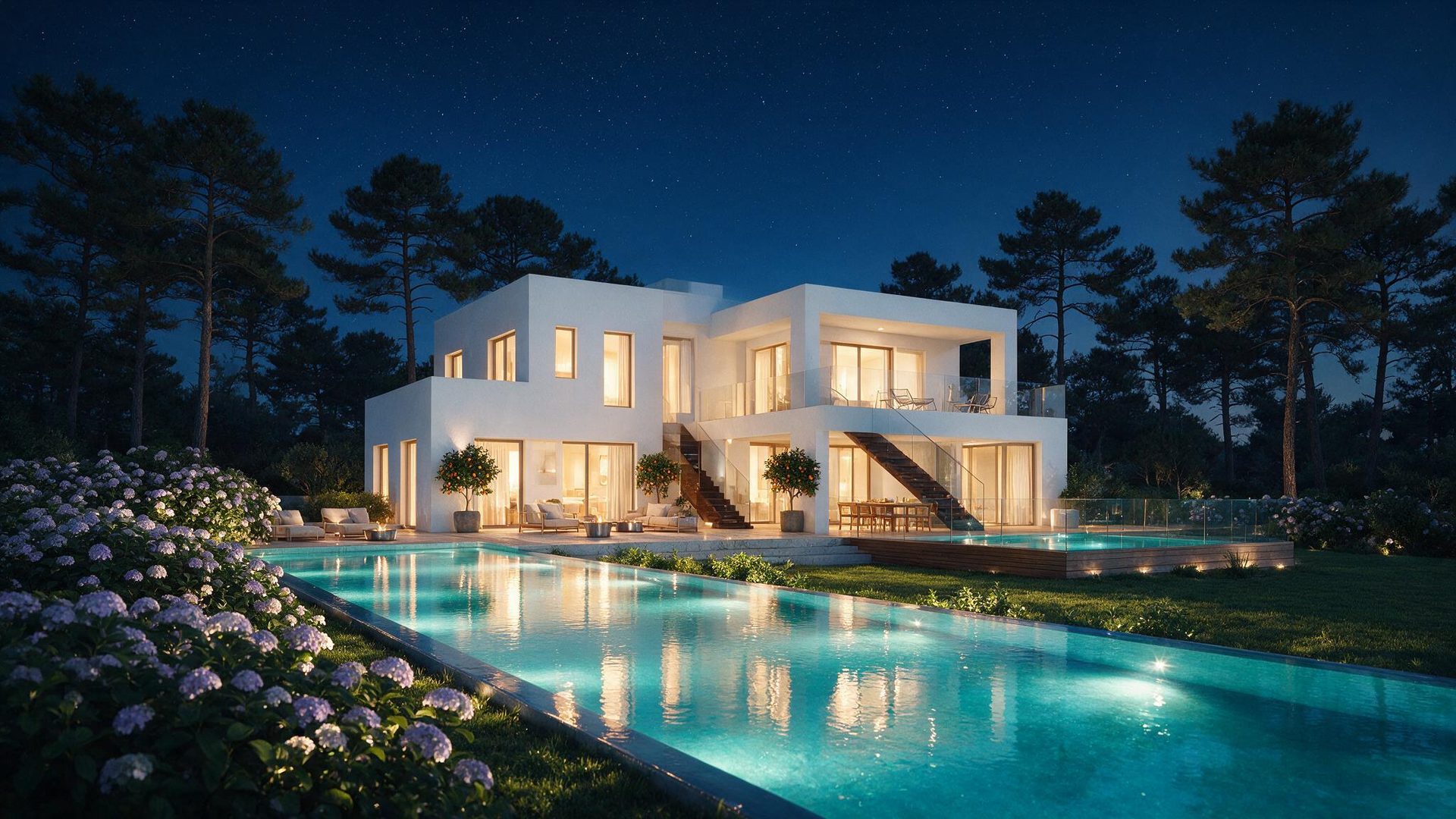 La residencia de noche, con la piscina iluminada y las ventanas encendidas