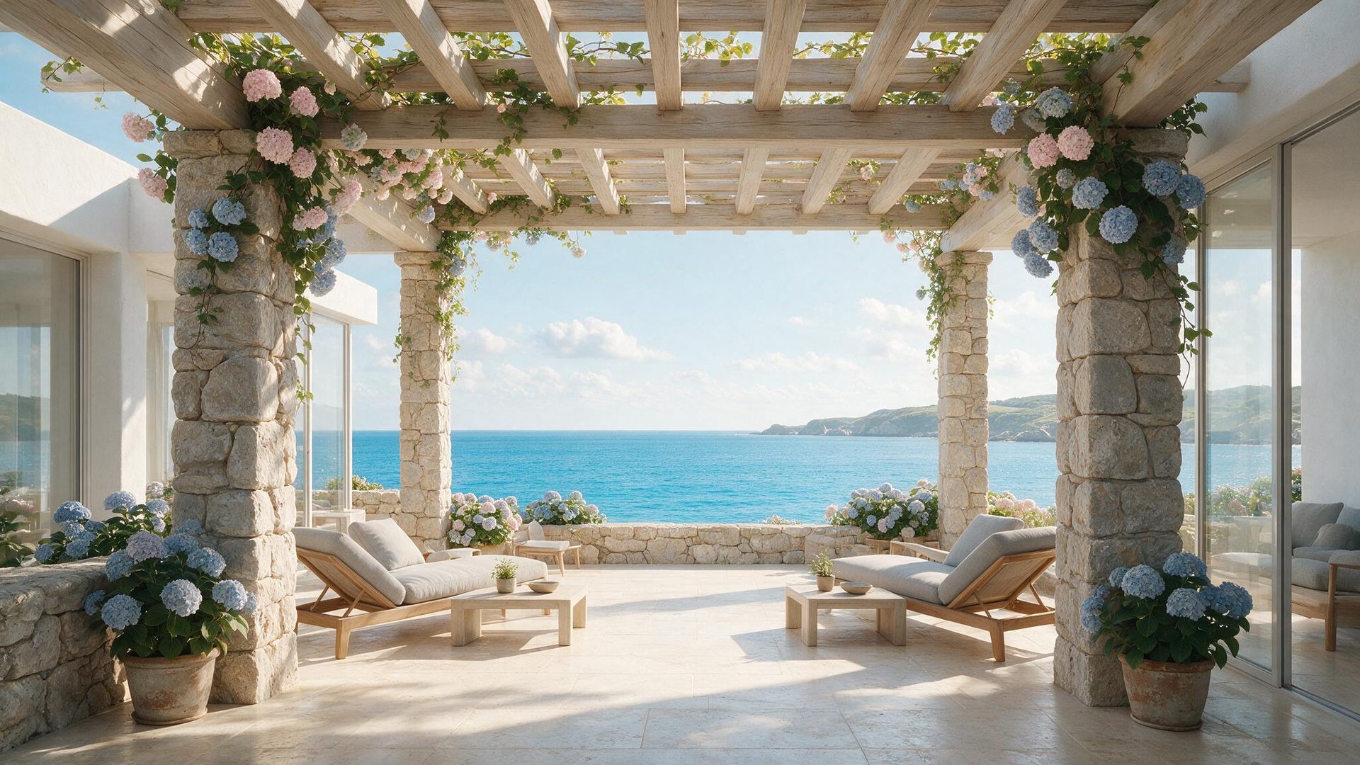 Pérgola mirador de la residencia con el mar al fondo
