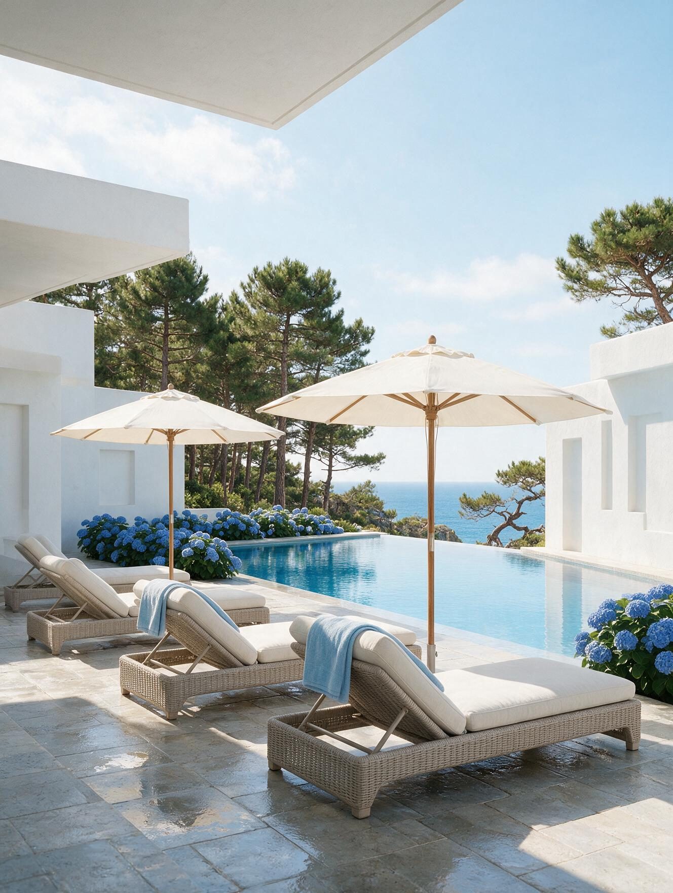 Piscina infinita con hamacas y sombrillas crema