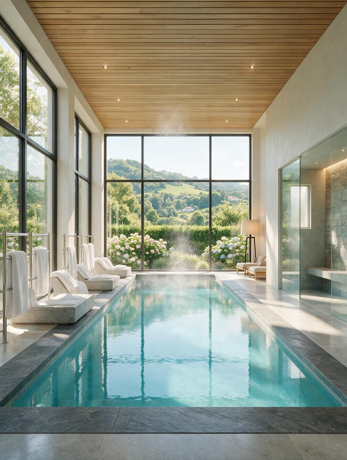 Spa interior con lámina de agua y ventanal a los montes
