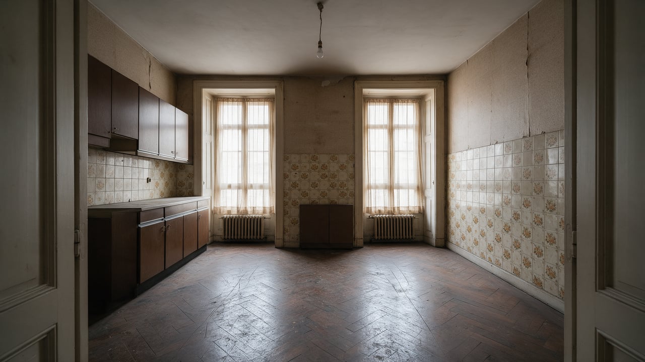 La cocina antes de la reforma: muebles de formica, azulejo de flores amarillento, papel pintado despegado y parqué gastado