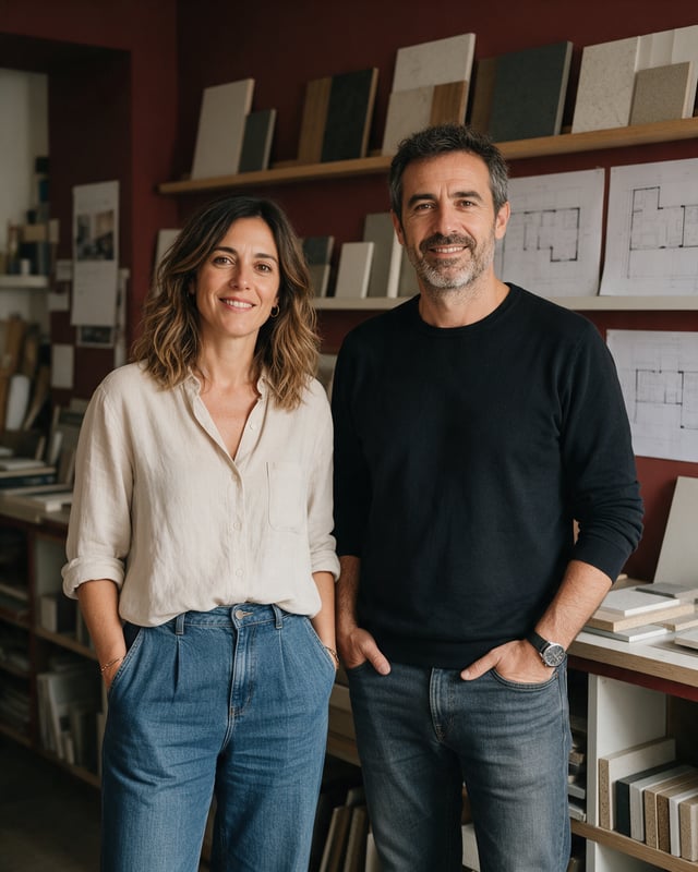 Los fundadores del estudio en su taller de Bilbao, delante de estanterías con muestras de materiales