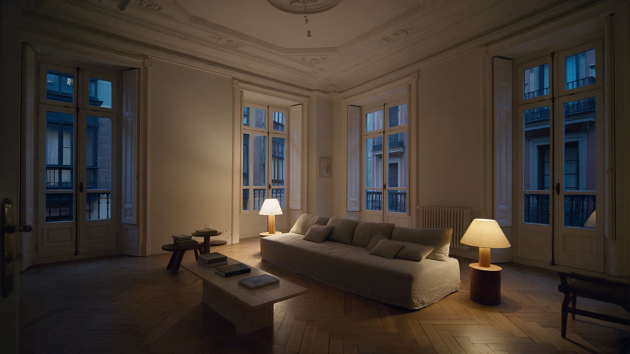 Salón de un piso clásico de Bilbao reformado, con miradores y suelo de roble en espiga, al atardecer