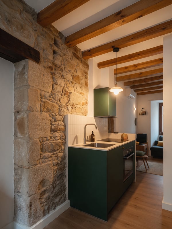 Cocina verde oscura con pared de piedra original y vigas de madera restauradas