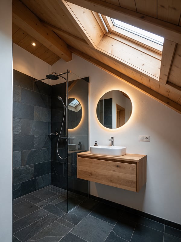 Baño abuhardillado con techo de madera, ducha de pizarra y lavabo de roble