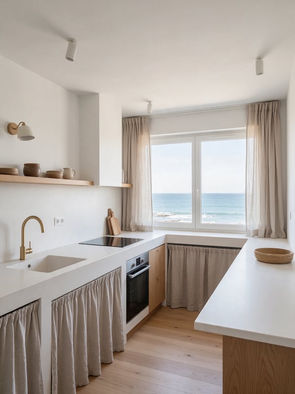 Cocina blanca con encimera de piedra y ventana al mar