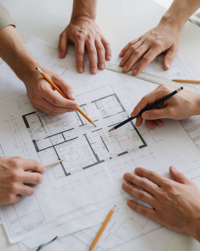 Tres pares de manos trabajando sobre los planos de una reforma
