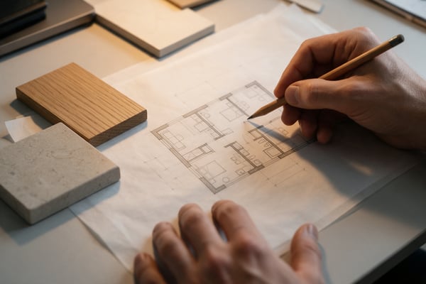 Manos dibujando el plano de un piso junto a muestras de roble y piedra